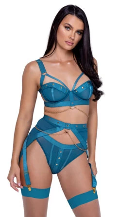 Roma Studs & Kisses Bra And Garter Set -Be Wicked Sales RM LI601 Teal 2 APR2023